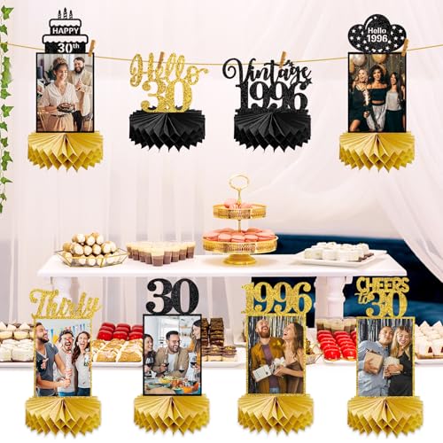 Image of Eucutur 8Pcs 30th Birthday Decorations Honeycomb Centerpieces for Women Men, Black Gold Vintage 1996 30th Bday Photo Table Centerpieces Party Supplies, Glitter Cheers to 30 Year Old Bday Table Topper