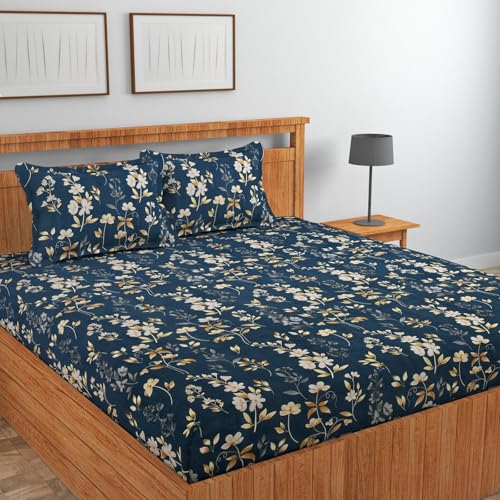 Image of NHD HOME Premium Cotton Flat Double Bedsheets with 2 King Size Pillow Covers | Double Bed Breathable | Wrinklefree | Ultrasoft 220 tc Supersoft Floral | 90x90 Inches, Grey