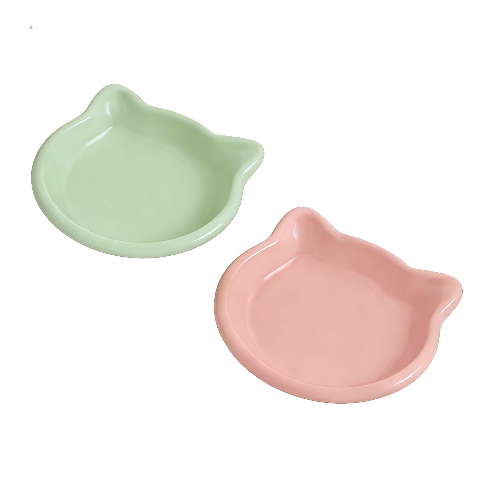 DCYQAIN 2-Pack Cat Bowls, Low-Edge Shallow Anti-Spill Pet Food Water Dishes, Plastic Feeding Bowls for Indoor Cats (Pink & Green)