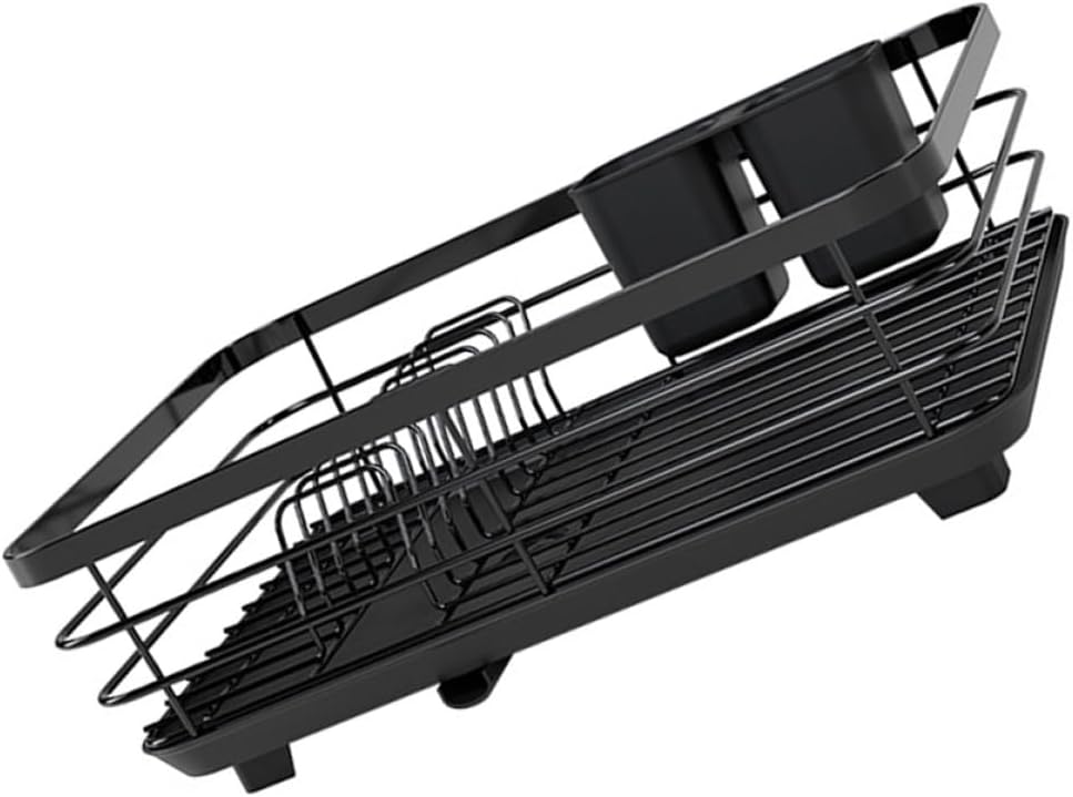 Dish Drying Rack for Kitchen Counter Single-Layer Metal Dish Rack with Drainage Outlet Black Iron Plate and Bowl Organizer for Home Kitchen Storage
