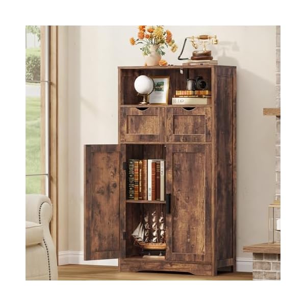 Storage cabinet with doors shelves kitchen storage cabinet with 2 drawers pantry cabinet for living room kitchen home office rustic brown  urban country home decor
