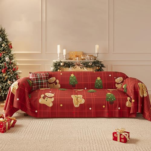 クリスマス用ソファカバー、雪景色のクリスマスチェック柄の柔らかいホームデコ用スリップカバー(1?5人用)、洗える家具保護 Style-C 180x180cm/71x71in