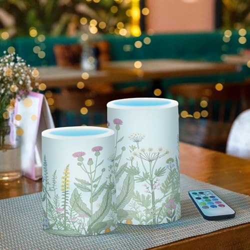 Image of Flickering Flameless Candles, Flowers Herbs Wildflowers Botanical LED Candles with Remote Timer, Set of 2 Battery Operated Candle for Valentine Wedding Birthday