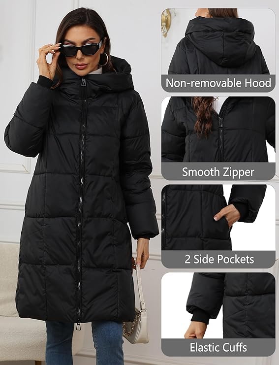 Chaqueta Acolchada Larga con Capucha Mujer con Cremallera Invierno Engrosad Parka Abrigos Plumas Cálido Cortaviento
