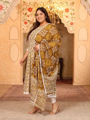 Image of MEERA FAB Women's Pure Cotton Printed Anarkali Kurta with Palazzos & Dupatta