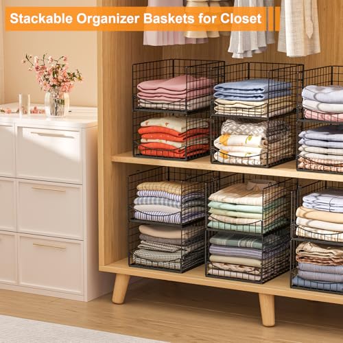 4-Tier Stackable Closet Organizers and Storage Shelves, Clothes Storage Basket, Clothes Shelf Organizer Sweater Organizer Bins Container for Wardrobe Kitchen Bathroom Office, Black