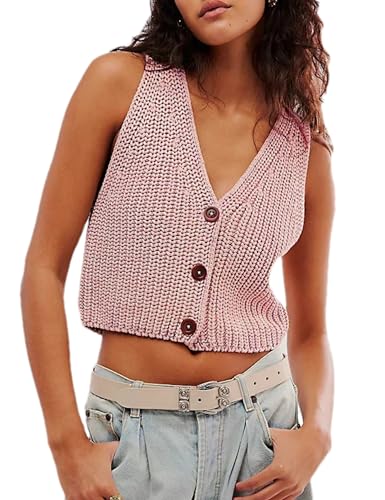 Image of Womens Cropped Sweaters Vest Button Down V Neck Knit Sleeveless Crop Sweater 2025 Summer Casual Tank Tops