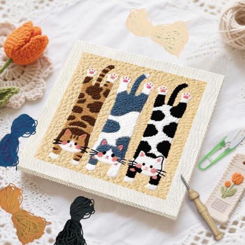 Image of BEUNITONE Lie Flat Cat Punch Needle Kit for Adults Beginners, Complete DIY Craft Needlepoint Kits with Hoop, Punch Needle Starter Craft Embroidery Set for Festival Gift and Cloth Home Decor 9.4X9.4 inch