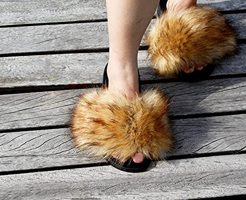 Image of Faux Fur Slides for Women, Fuzzy Slippers Fluffy Sandals Furry House Shoes Indoor Outdoor