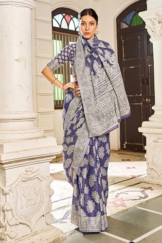 Image of MADHUHANSH Women's Cotton Linen Saree with Unstitched Blouse Piece and Floral Printed Pattern | Women Saree for Special Occasion | Stylish Modern Sarees