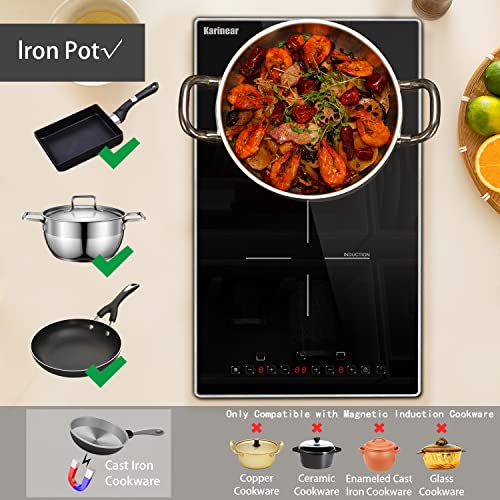 Karinear Induction Cooktop, 2 Burners Electric Cooktop 12 Inch, Built-In Induction Cooker With Glass Protection Metal Frame, Child Lock, Timer, Booster, 3500W 220-240V Hard Wire, No Plug #TOP4