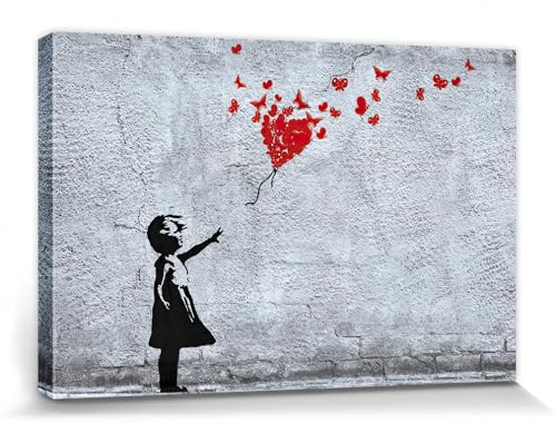 1art1 Mädchen Poster Mädchen Mit Luftballon Und Schmetterlingen, Banksy-Style Bilder Leinwand-Bild Auf Keilrahmen | XXL-Wandbild Poster Kunstdruck Als Leinwandbild 30x20 cm