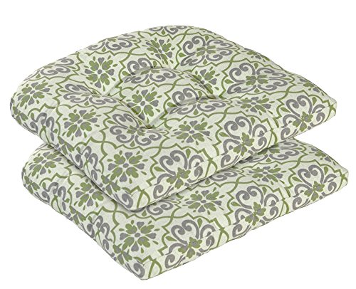 Bossima Outdoor Patio Tufted Seat Cushion, Set of 2, Furniture Chair Pad (Green/Grey Damask)