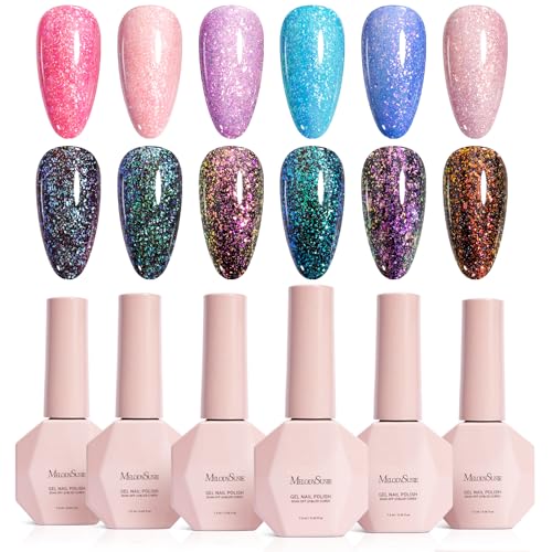 Image of MelodySusie 7.5ML Glitter Gel Nail Polish Set, 6 Colors Sparkle Gel Polish Kit Blue Purple Pink Glitter Gel Polish Gifts for Women Nail Art Manicure Salon DIY Nail Design Decoration at Home