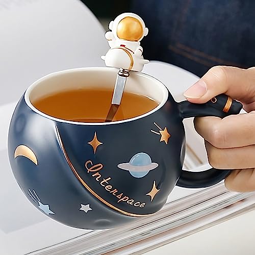 Image of BonZeal Birthday Gift for Boys Girls Ceramic Space Mug Blue Astronaut Mug Coffee Mug with Lid Birthday Gift for Kids Children Friends Return Gifts for Birthday Mugs for Coffee Mugs and Cups 400 ml
