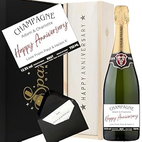Buy Personalized Anniversary Champagne Gift with Custom Couple’s Names & Message – Elegant 75cl Brut Champagne in Wooden 'Happy Anniversary' Box – Sparkling Direct