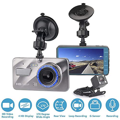 Caméra de Voiture OXOQO HD 1080P Caméra embarquée 170 degrés Grand angle, 4 pouces Grand écran IPS Double Dash Cam avec G-Sensor, Enregistrement en boucle, Vision nocturne, WDR, Mode parking