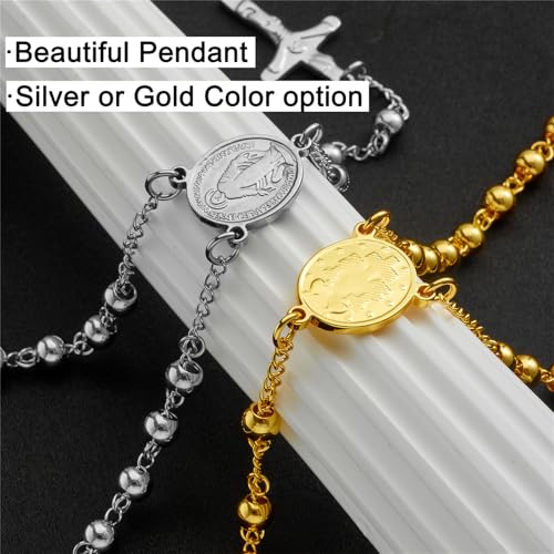 Rosary Beads Catholic Necklace for Women and Men 6mm 18K Gold Plated Stainless Steel Gold Long Crucifix Cross Christian Religious Anglican Prayer Beads Y-Necklace Jewelry with a Gift Box4
