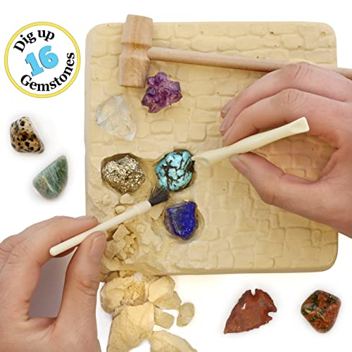 Dancing Bear Gemstone Dig Kit, Excavate 16 Real Gems & Crystals Including Arrowheads, Quartz Points And Amethyst, Stem Education For Kids, Fun Rock Mining Science Activity Gift Sets For Girls And Boys #TOP5