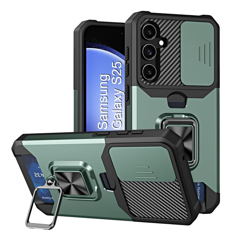 Image of LuxuryKase Shockproof Armor Case for Samsung Galaxy S25 | Slide Camera Cover | Hidden Card Slot | Rotating Ring Kickstand | Magnetic Car Mount Support | Military Grade Protection - Green