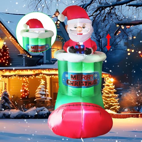 Bindokun Automatic Pop Up and Down Inflatable Christmas Decorations - Animated Santa on the Stocking Blow Up Outdoor Decorations, 5FT Christmas Inflatables Build-in LEDs for Home Yard Garden Decor