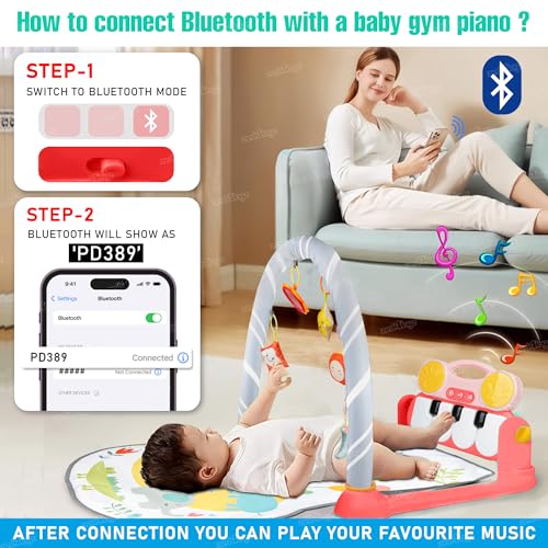 Image of Zest 4 Toyz Bluetooth Baby Play Mat for Babies Play Gym Floor Mat for Kids with Hanging Rattles Lights & Bluetooth Piano Keyboard Kick and Play Bed Piano for New Born Baby Gifts (Pink)