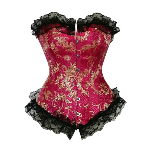 HYFEUOKF Corsage Bustier Damen Vintage Korsetts Stickerei Korsett Schnürung Bustier Braut Klassische Brokat Fur Corsage(Pink,S)