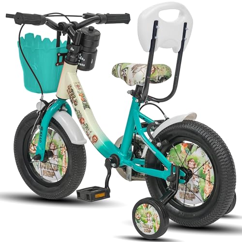 Image of WildHop 12T Kids Bicycle with Training Wheels, Backrest Seat, Basket & Safety Features for Toddlers (Cream Green, 12T)