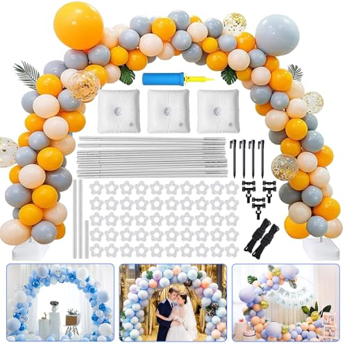 🎈【Il kit Balloon Arch comprende】15 pali pieghevoli in fibra di vetro, 3 basi esagonali in PVC, 2 tubi metallici, 3 sacchetti di riempimento acqua (sabbia), 50 anelli per palloncini in plastica, 2 annodatore a palloncino, 1 pompa manuale, 2 catena per colla, 4 macinate chiodi, 2 corde di sicurezza a terra. Con una squisita scatola di colori per una facile conservazione, questo set di grande valore ha tutto il necessario per la tua festa.