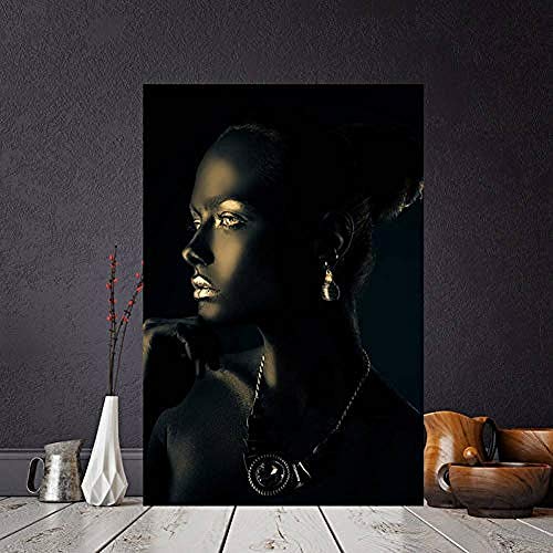 SHINERING Noir Or Africain Femme Nue Indienne Portrait Peinture sur Toile Affiches Et Imprimer Scandinave Mur Art Photo pour Le Salon sans Cadre