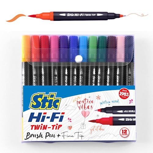 Stic 12 Brush Dual Tip Porous Pens Fineliner Art Markers Doodle Acrylic Alcohol Soft Professional Set Assorted Sketch Colours Calligraphy Lettering Adult Journal Outline Highlighting Scrapbooking For Rs. 242 @ 52 %