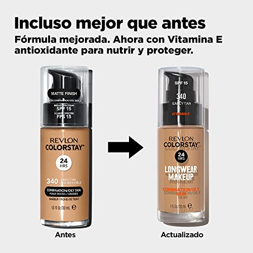 REVLON - ColorStay Base de Maquillaje SPF 15, con Vitamina E, Cobertura Media-Alta, Larga Duración, Acabado Mate, Resistente al Agua, para Piel Mixta-Grasa, Tono 340, Early Tan - 30 ml - imagen 7