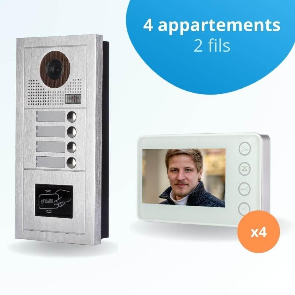 Portier interphone vidéo Modern 2 Fils - 4 Appartements - 4 écrans Blancs - avec Lecteur de Badge
