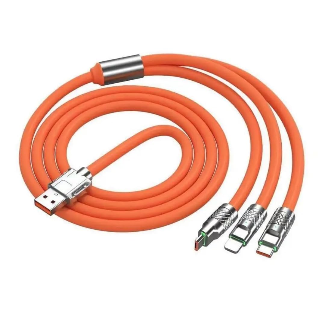 3-in-1 Fast Charging Cable, Universal USB Charger Cord with LED Indicator, Orange Nylon Braided, 120W 6A High Speed, Compatible with iOS, Type-C, Micro USB Devices