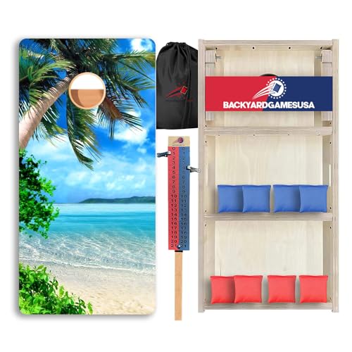 CornholeGamesUSA Pro Cornhole Boards Set | Made in USA | 3/4 Baltic Birch | No Bounce | Triple Thick Legs | Two Brace & Handles, Tournament 2x4 Regulation Set with Score Tower & Cornhole Bags