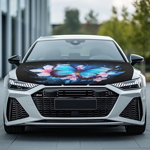 Image of Butterfly Floral Car Hood Cover All Weather Protection Automotive Exterior Accessories Universal Fit Hood Covers for Cars, Trucks, SUV, or Van Full Coverage