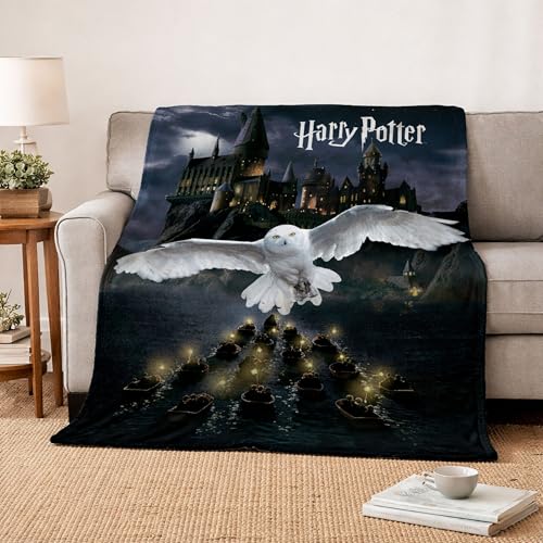 Familando Harry Potter Kuscheldecke 150x200 cm Fleecedecke mit Hogwarts & Eule Hedwig schwarz & blau extra flauschig Öko-TEX Zertifiziert