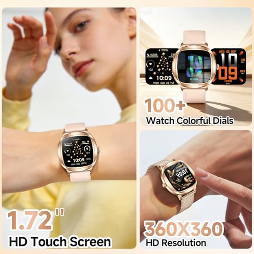 Image of Smart Watch for Women, 1.72 inch Fitness Tracker with Answer /Make Calls, Sleep /Heart Rate Monitor, Smartwatch for Android iOS Support 100+ Sports Modes, IP68 Waterproof, Fitness Watch with 2 Band (Gold)