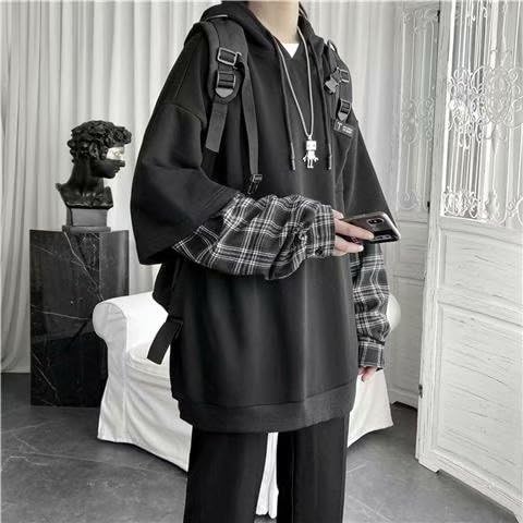 Fake Two Piece Casual Plaid Long Sleeve Hooded Sweatshirt for Men Oversized Grunge Hoodies Acubi Fashion Sweatshirts2
