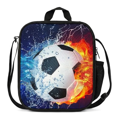 OYIWINMI Kids Lunch Bag for Boys Insulated Football Design with Bottle Holder Thermal Cooler Lunchbox Small Medium Cooling Ice Bag Tote Containers for School Work Picnic Sport Toddler