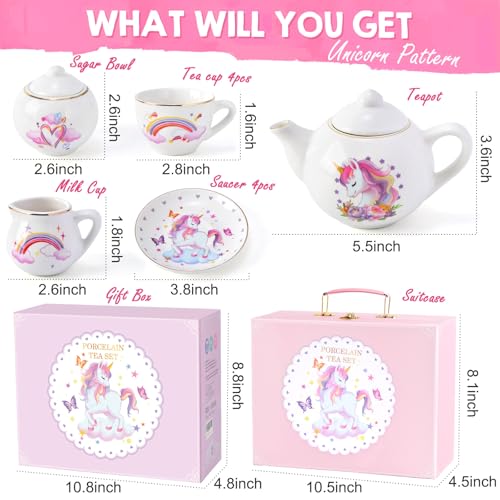 Image of TUZT Porcelain Tea Party Set for Little Girls Kids Toddlers, 13Pcs Unicorn Tea Set - Teapot & Cup & Saucer & Suitcase,Pretend Play Toys Kitchen Set - Christmas Birthday Gift for Girls