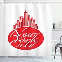 ABAKUHAUS NYC Shower Curtain, Modern Design of Skyscrapers and New York City Lettering on Round Big Apple, Cloth Fabric Bathroom Decor Set with Hooks, 70 Inches, Scarlet and White