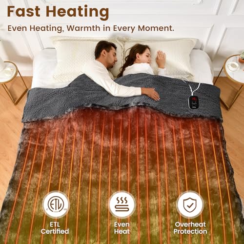 Image of Bearhug Heated Blanket Full Size 77 inchx 84 inch, Marble Black Electric Blanket, Reversible Faux Fur & Sherpa, 10 Heating Levels & 1-12H Auto Off, Over-Heat Protect, ETL, Washable Heated Blanket