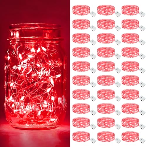 Image of btfarm 30 Pack Fairy Lights Battery Operated [3 Modes], 7ft 20 Led Twinkle Lights String Lights Waterproof Bulk Small Mini Silver Wire for Christmas Mason Jars Wedding Table Centerpiece, Red