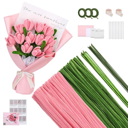 400 Pcs Limpiapipas Manualidades, Limpia Pipas, Pipe Cleaner Tallos de Chenilla Kit, con Palitos de Flores Verdes, Rollos de Cinta, Barras de Pegamento, Instrucciones, Embalaje del Ramo (Rosa)