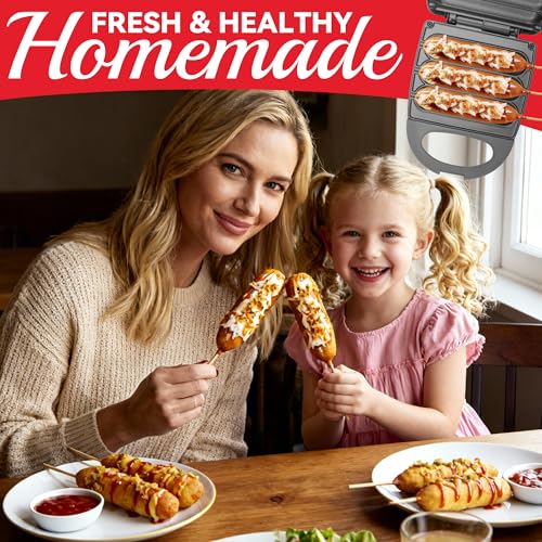 Image of SugarWhisk Electric Corn Dog Maker, Fryer for 3 Mini Corn Dogs on Stick, Cheese Mozzarella Sticks & Treats, Corndog Maker Machine, Hot Dog Machine, Brush Included, Graphite