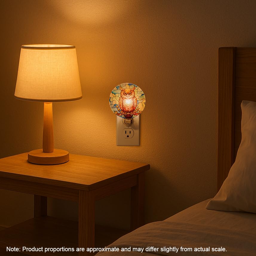 Image of Owl Night Light Vintage Retro Cottage Core Bird Figurine Plug in Wall On /Off Switch Tiffany Stained Glass Style