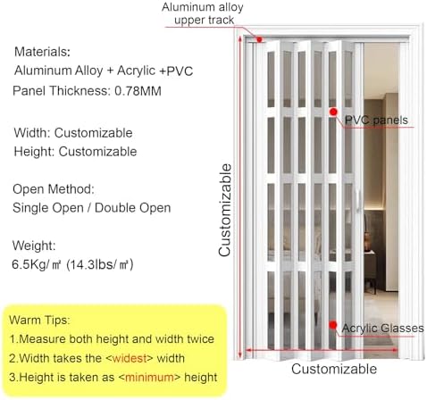 Customizable PVC Accordion Sliding Doors with Acrylic Glass, Retractable Magnetic Folding Shower Door for Kitchen, Laundry Room, Hallway - 216x216cm (85 x 85)
