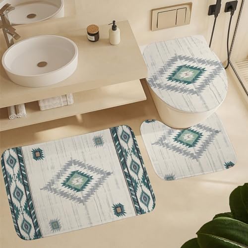 3 Piezas Juego De Alfombra De Baño Azteca Étnico Vintage Nativo Americano Alfombra De Baño + Alfombra De Inodoro + Funda De Asiento Cómoda Alfombras De Cama, para Cocina, Bathroom, Dormitorio