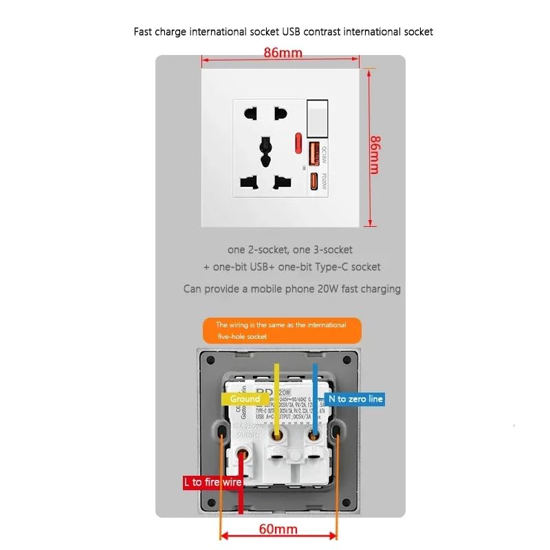 Image of PD20W Wall Socket Type C & QC18W 3.6A USB Wall Socket Wall Charger with Universal socket with switch control USB Charger for Home and Office (White)